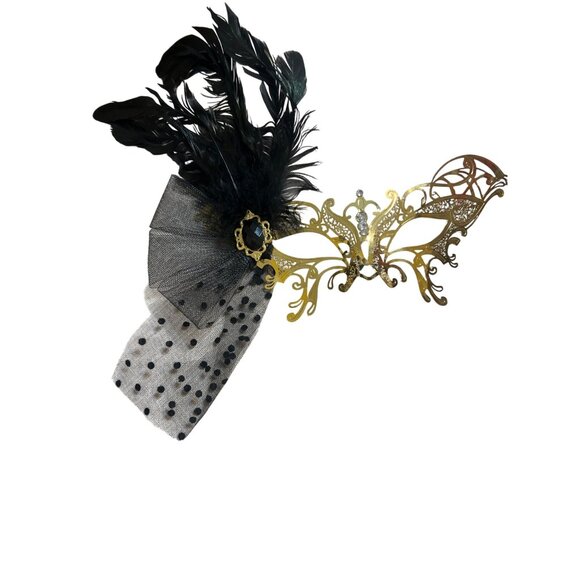 Gold Tone Lace Filagree Metal Masquerade Mask Feathers Rhinestones 10.5" New - Picture 1 of 6